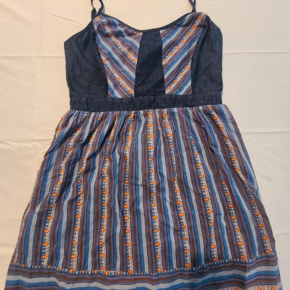 Love Reign Denim‎ Bodice Striped Mini Dress Blue Orange M